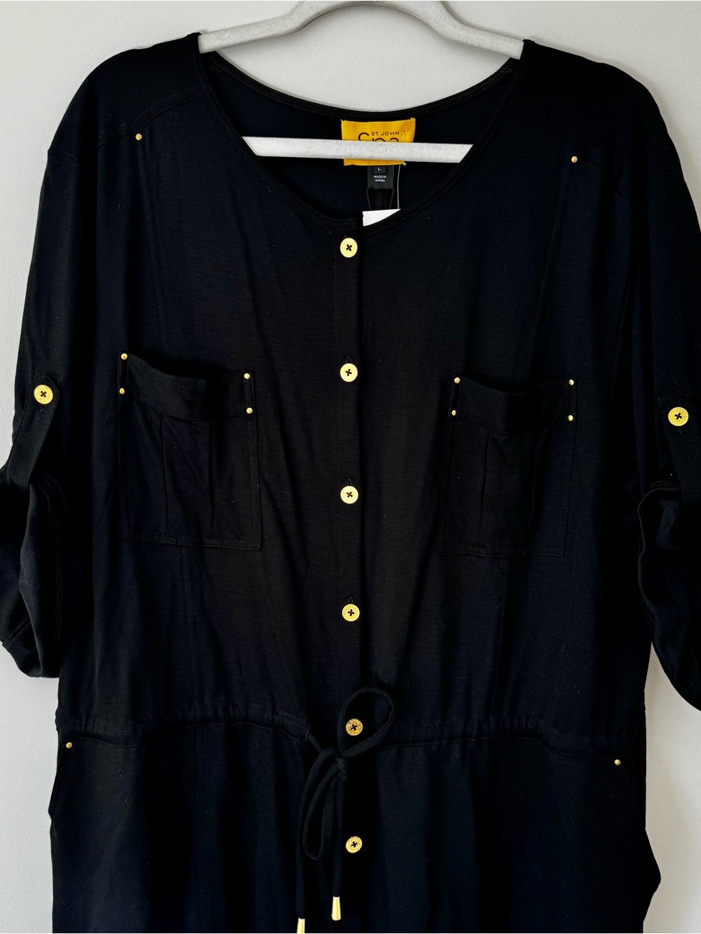 St. John Spa Button Down Short Sleeve Midi Tie Shirt Dress, Black – Large Flaw* - Picture 2 of 7